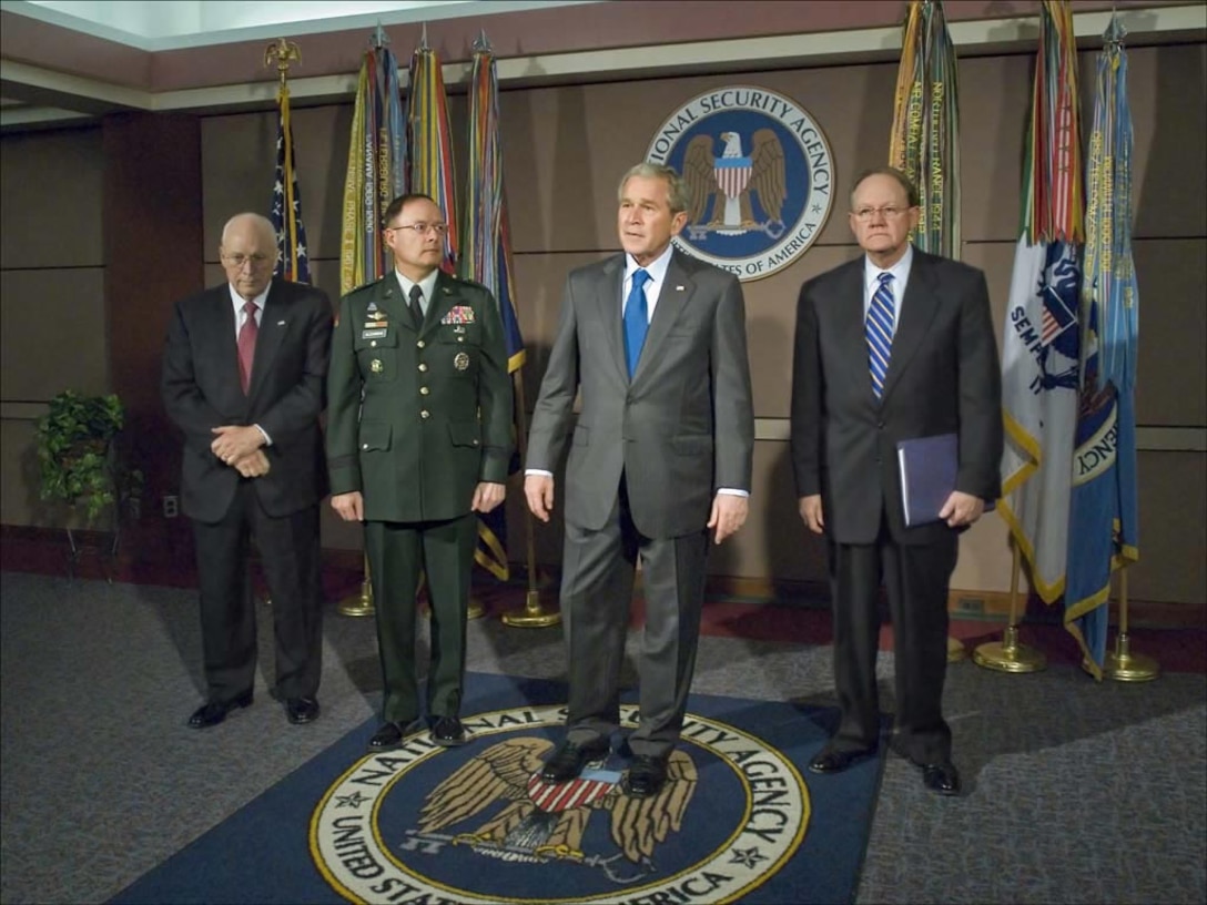 President George W. Bush, Vice President Dick Cheney, NSA Director Lieutenant General Keith B. Alexander, USA, and Director of National Intelligence Michael McConnell during President Bush's visit to NSA in 2008