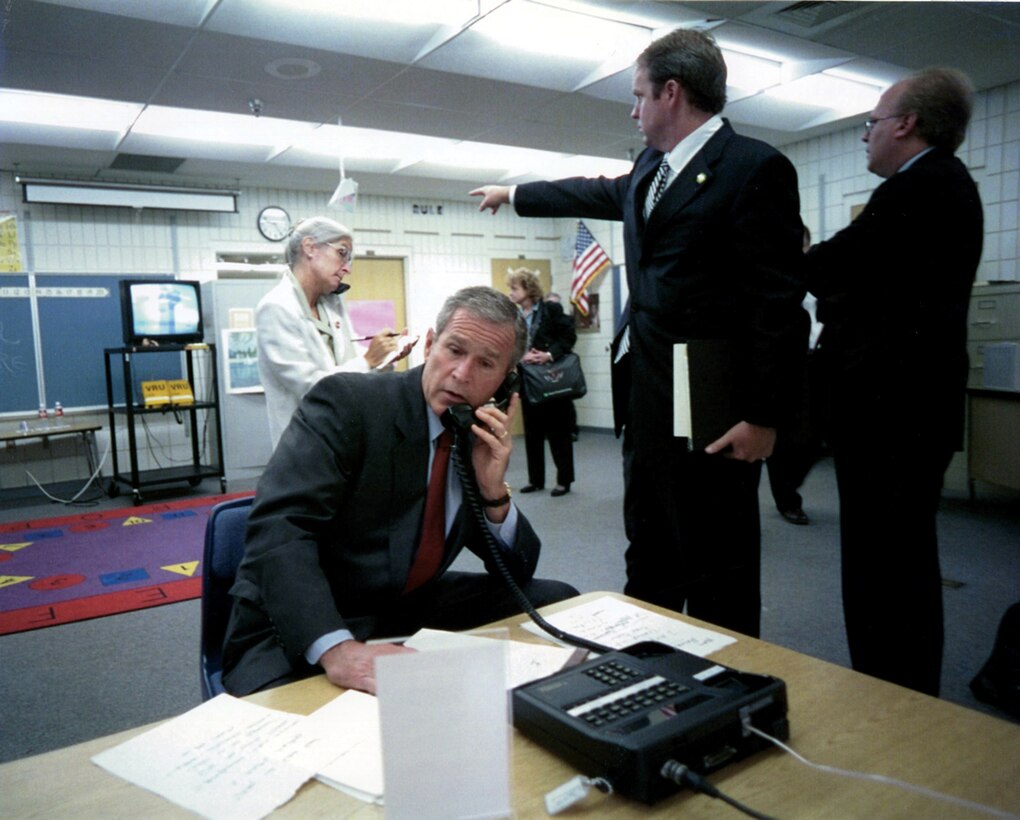 President Bush using secure communication device, reacting to the World Trade Center bombing