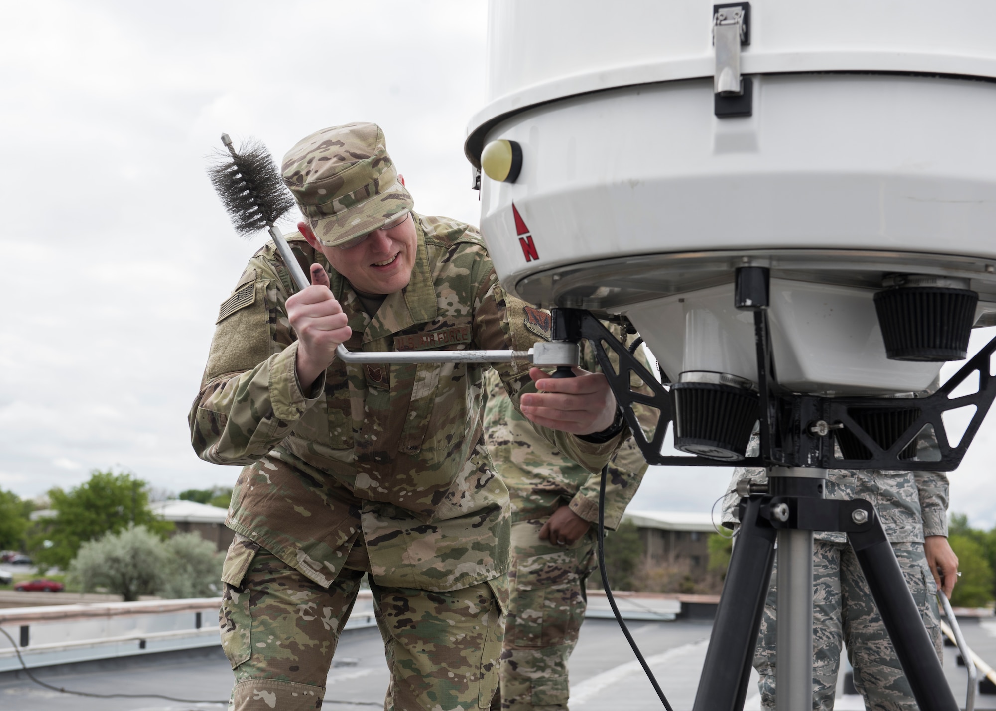 Tech. Sgt. Brandon Knight, 366th Operations Support Squadron weather forecaster, assembles a Portable Doppler Radar May 25, 2019, at Mountain Home Air Force Base, Idaho. The is the first time the Doppler system has been installed on a Continental United States base. (U.S. Air Force photo by Senior Airman Tyrell Hall)