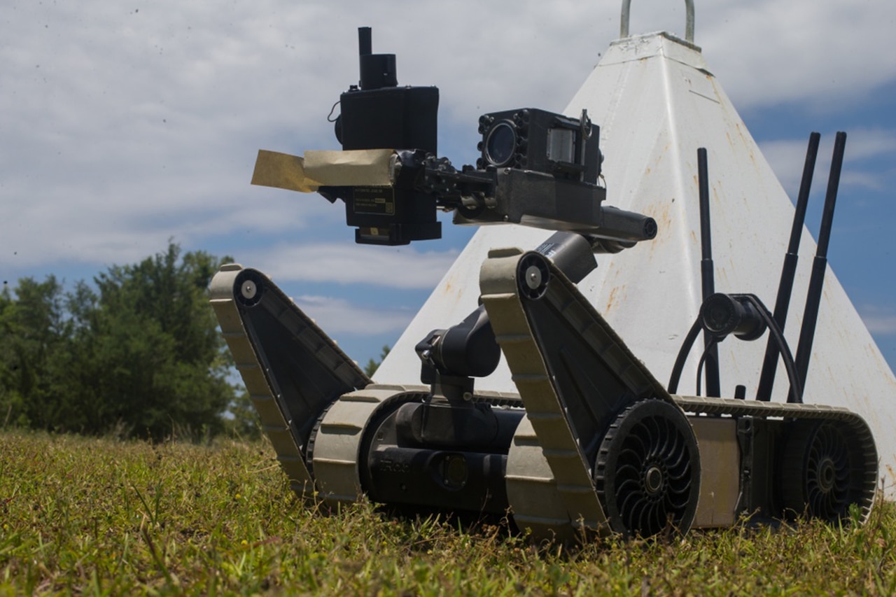 Unmanned ground vehicle locates explosive ordnance.