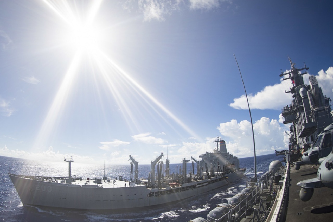 Navy ship refuels.