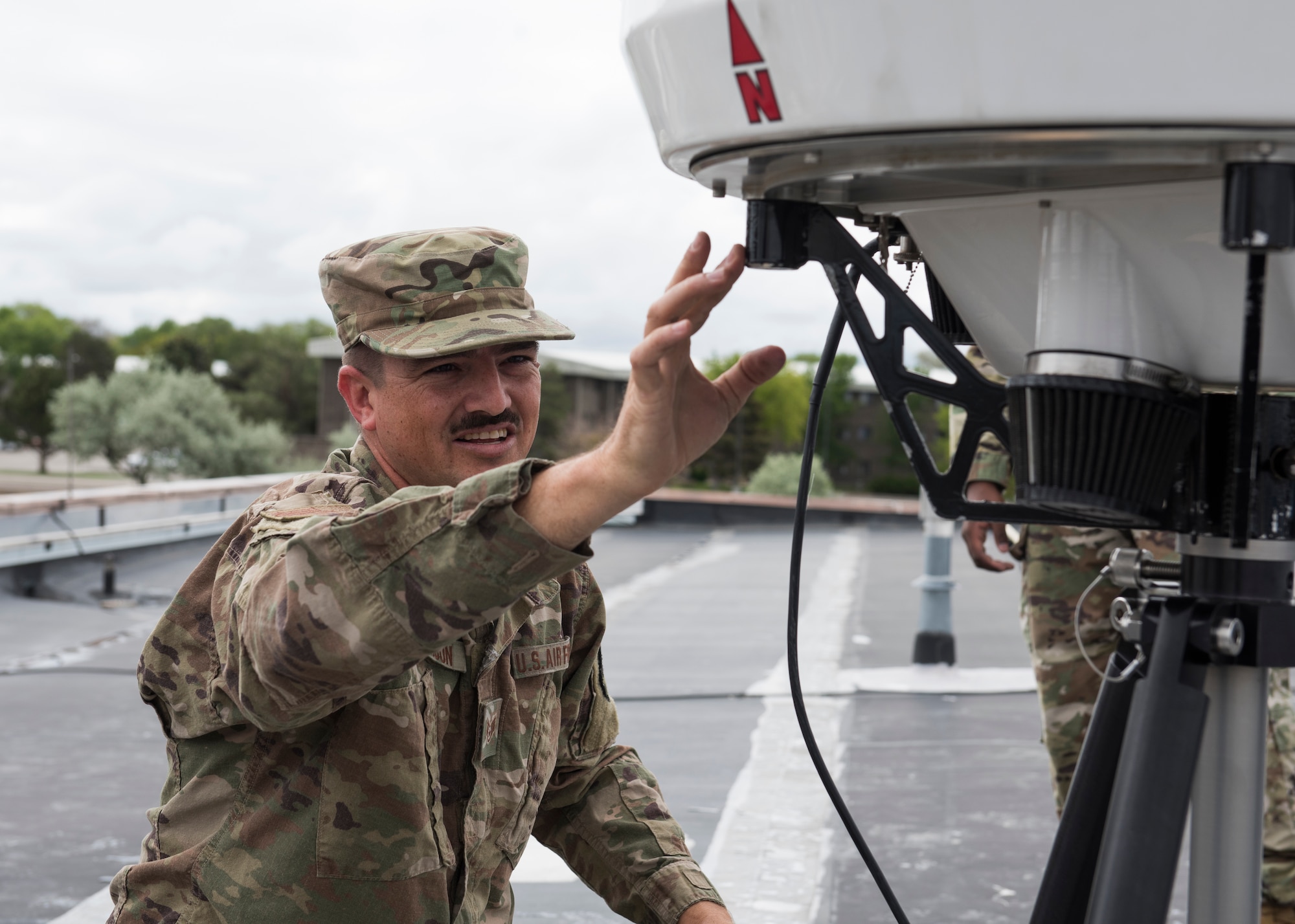 Staff Sgt. Daniel Robinson, 2nd Combat Weather Systems Squadron weather system trainer from Hurlburt Field, Florida, assembles a Doppler system May 25, 2019, at Mountain Home Air Force Base, Idaho. The is the first time the Doppler system has been installed on a Continental United States base. (U.S. Air Force photo by Senior Airman Tyrell Hall)