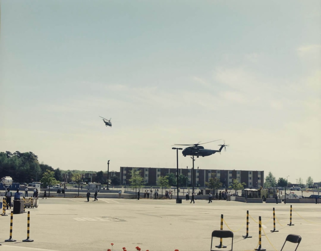 President Bush arrives in Marine One to attend the NSA World Wide Awards Ceremony