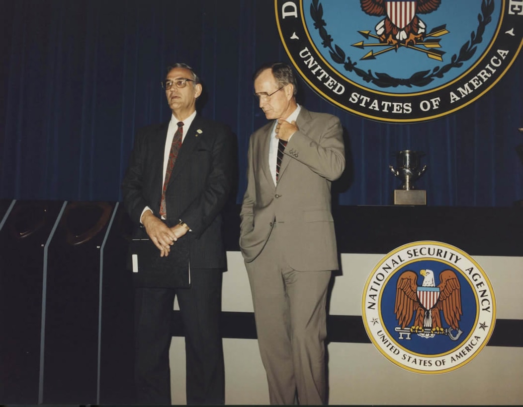 President Bush and NSA Deputy Director Robert L. Prestel at the World Wide Awards Ceremony