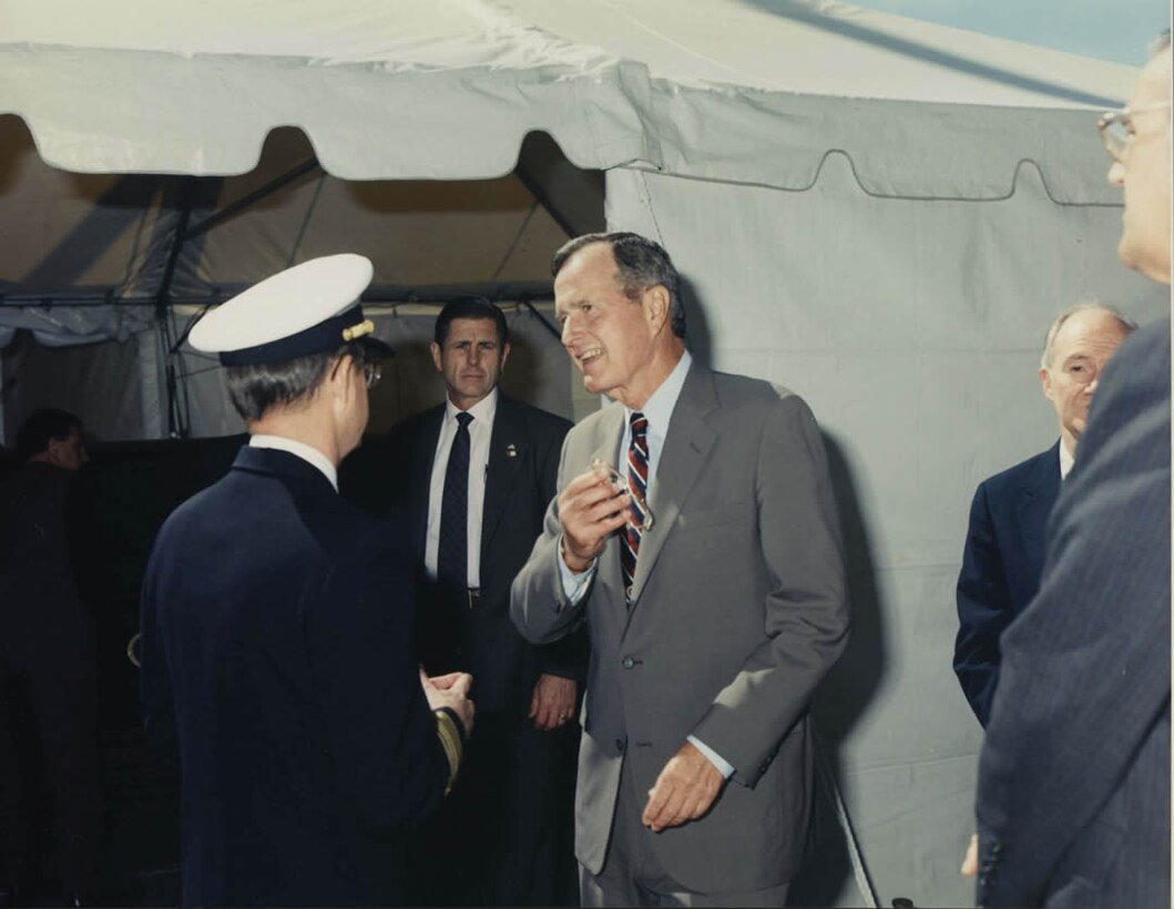 President Bush greets NSA Director Vice Admiral William O. Studeman upon arrival for the NSA World Wide Awards Ceremony