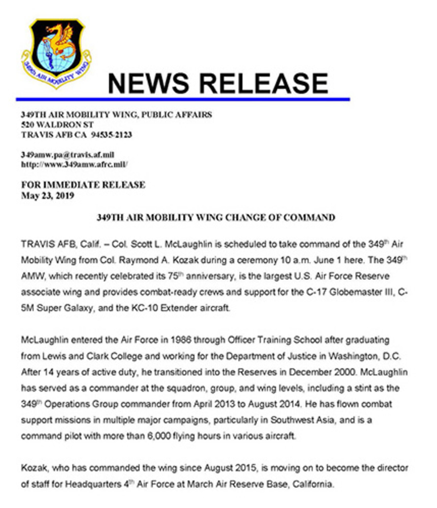 Release for Change of Command