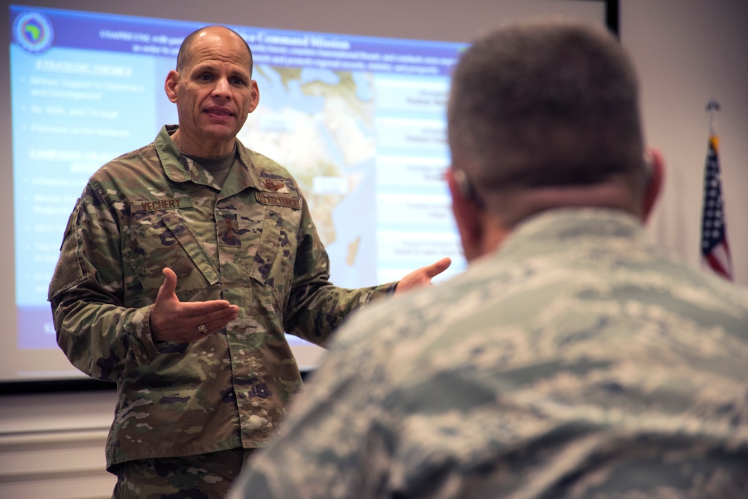 U.S. Air Force Lt. Gen. James C. Vechery, U.S. Africa Command deputy to the commander for military operations, speaks to attendees of the 2019 AFRICOM Command Surgeon Synchronization Conference in Stuttgart, Germany, May 28, 2019. Vechery spoke about utilizing the medical field for future engagements with African partner nations. (U.S. Navy photo by Mass Communication Specialist 1st Class Christopher Hurd)