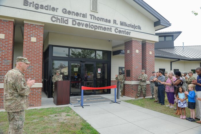 Capt. Sara Gillesby, an operations officer assigned to the 628th Force Support Squadron, delivers the opening remarks during the ribbon cutting ceremony for the expansion of the child development center May 31, 2019, at the Joint Base Charleston Air Base, S.C.