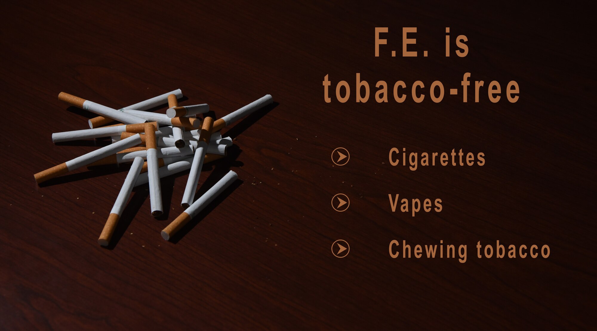 F.E. Warren prohibits all tobacco-related items outside of a privately owned vehicle or family housing. The medical facility and Weapons Storage Area are completely tobacco-free including in POVs. This policy is officially in effect June 3, 2019.