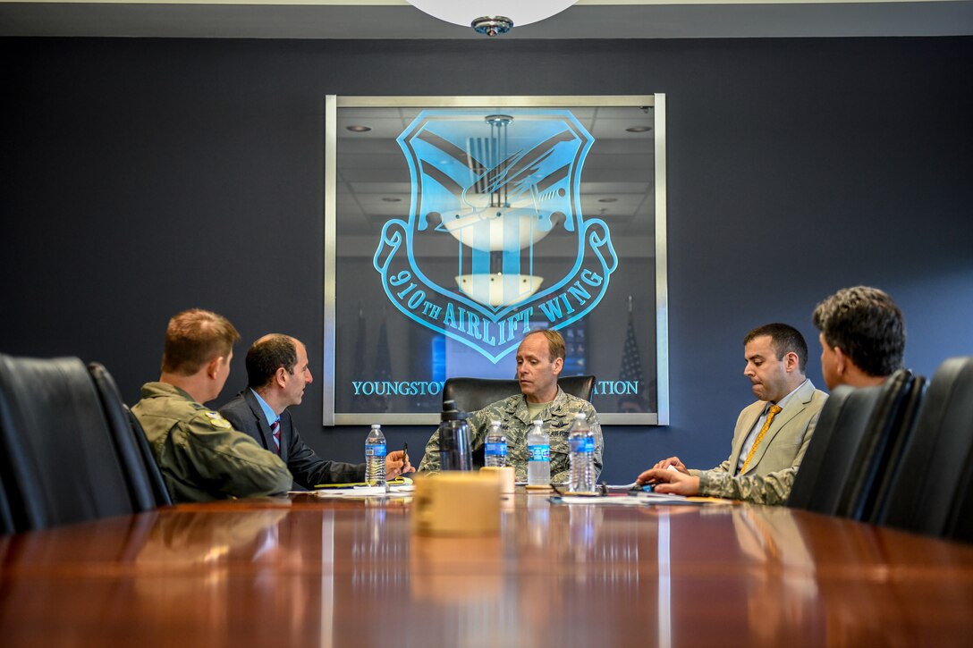 Youngstown Air Reserve Station leadership sits down with Zach Prager, a legislative fellow from Congressman Tim Ryan’s office on May 29, 2019, here.