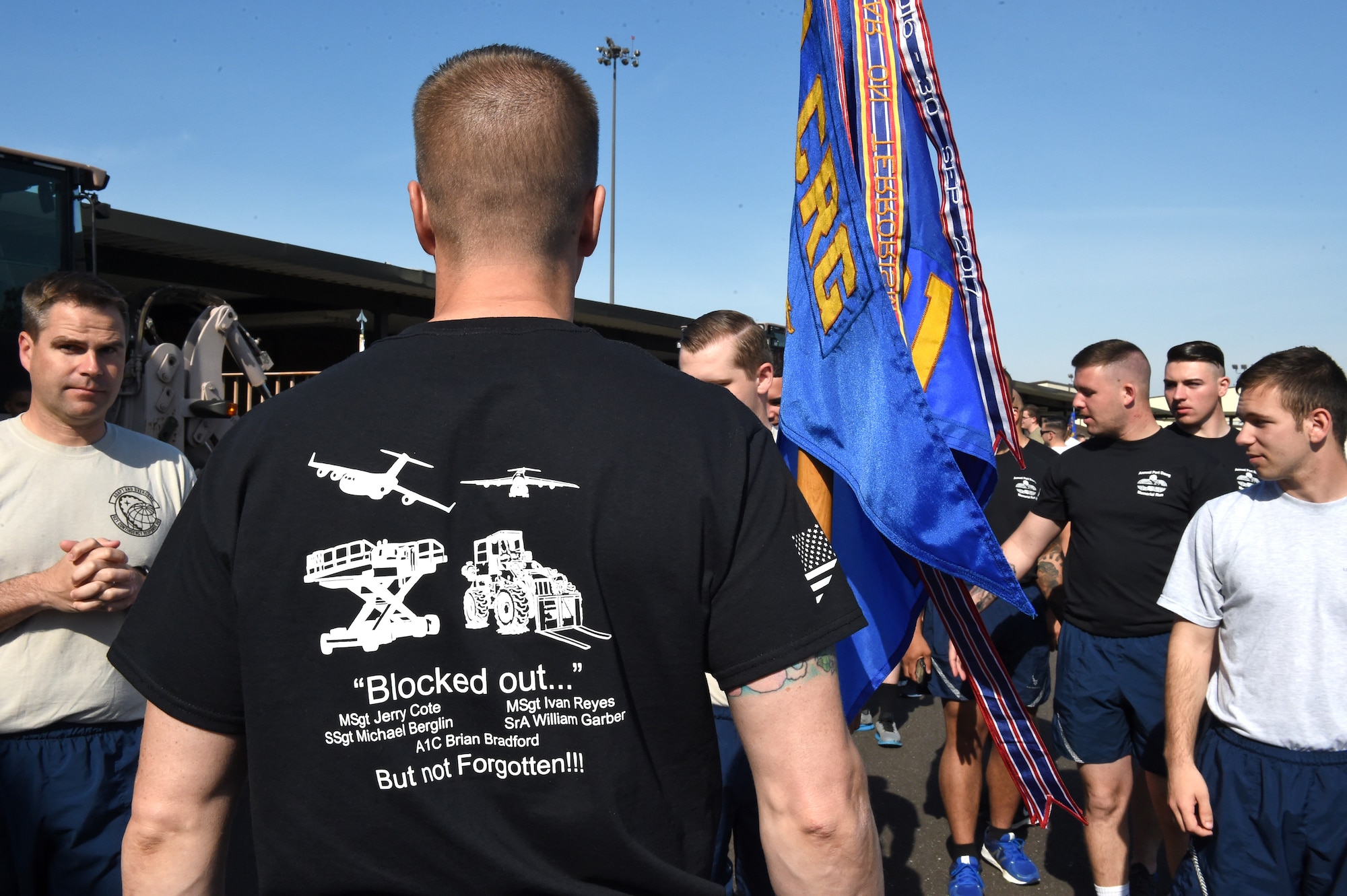 A Port Dawg Memorial Run shirt displays the names of the fallen at Joint Base McGuire-Dix-Lakehurst, N.J. May 17, 2019. The Port Dawg Memorial Run honors aerial porters who lost their lives the previous year. (U.S. Air Force photo by Staff Sgt. Sarah Brice)