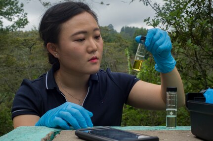 U.S. Army Spc. Young Wong Ham, Joint Task Force – Bravo Medical Element public health specialist, checks the chlorine level of the local water source during a Pediatric Medical Readiness Training Exercise May 23, 2019 in La Paz, Honduras. MEDRET missions allow JTF-B medical personnel to train in their areas of expertise, while providing a service and strengthening partnership with the host nation. The service members saw approximately 120 patients during the mission. (U.S. Air Force photo by Staff Sgt. Eric Summers Jr.)