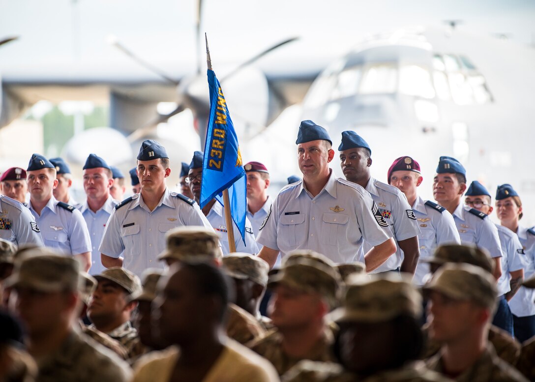 Airmen from the 23d Wing stand in formation during a change of command ceremony, May 31, 2019, at Moody Air Force Base, Ga. The ceremony is a military tradition that represents a formal transfer of a unit’s authority and responsibility from one commander to another. (U.S. Air Force photo by Airman 1st Class Eugene Oliver)