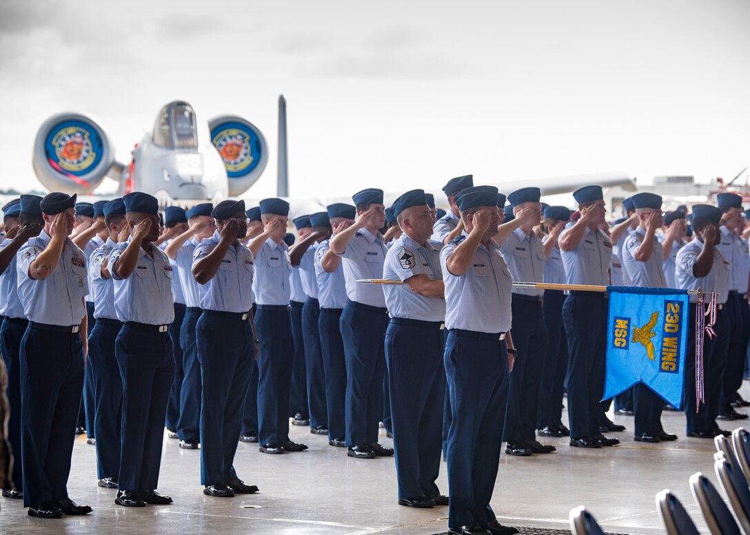 Airmen from the 23d Wing render the first salute to Col. Daniel P. Walls, 23d Wing commander, during his change of command ceremony, May 31, 2019, at Moody Air Force Base, Ga. The ceremony is a military tradition that represents a formal transfer of a unit’s authority and responsibility from one commander to another. (U.S. Air Force photo by Airman 1st Class Eugene Oliver)