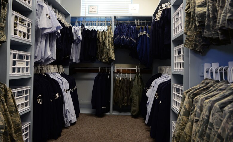 A photo of various uniform items on display in the thrift shop on Beale.