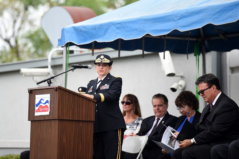 Brig. Gen. Kris Belanger, Commanding General, 85th U.S. Army Reserve Support Command, gives remarks, as the keynote speaker, during the Village of Norridge Memorial Day commemoration, Mar. 26, 2019.