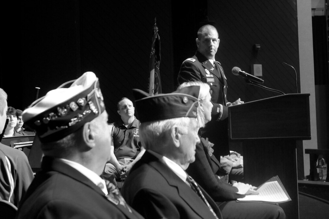 Col. Daniel Jaquint, 85th U.S. Army Reserve Support Command gives remarks during the Highland Park Memorial Day commemoration, Mar. 27, 2019.