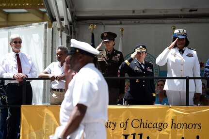 From left to right: Jim Frazier, Gold Star Family father of Staff Sgt. Jacob Frazier killed on March 29, 2003; Chicago Mayor Lori Lightfoot; Maj. Gen. Marion Garcia, Commanding General, 200th Military Police Command; Brig. Gen. Kris Belanger, Commanding General, 85th U.S. Army Reserve Support Command; and Commander Zeita Merchant, Commanding Officer, MSU Chicago, U.S. Coast Guard view the Chicago Memorial Day parade from the reviewing stand, Mar. 25, 2019.