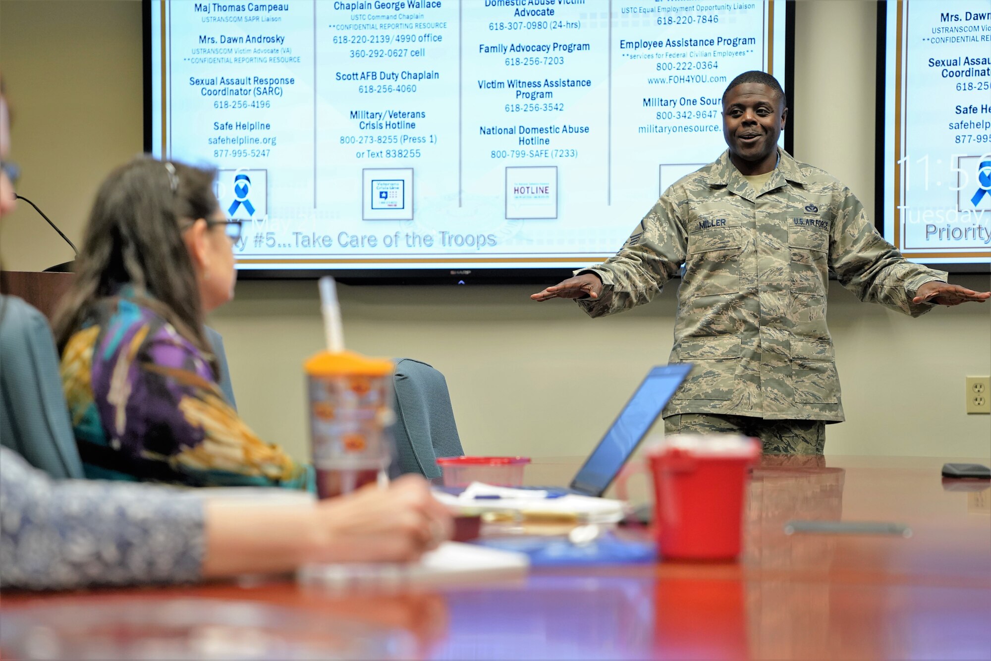 Master Sgt. Seth Miller, Community Support superintendent, 375th Air Mobility Wing, Scott AFB, Illinois, served as one of the presenters during the U.S. Transportation Command-sponsored resiliency seminar, May 21, 2019.  A certified master resilience trainer, Miller discussed persevering through big and small adversities.