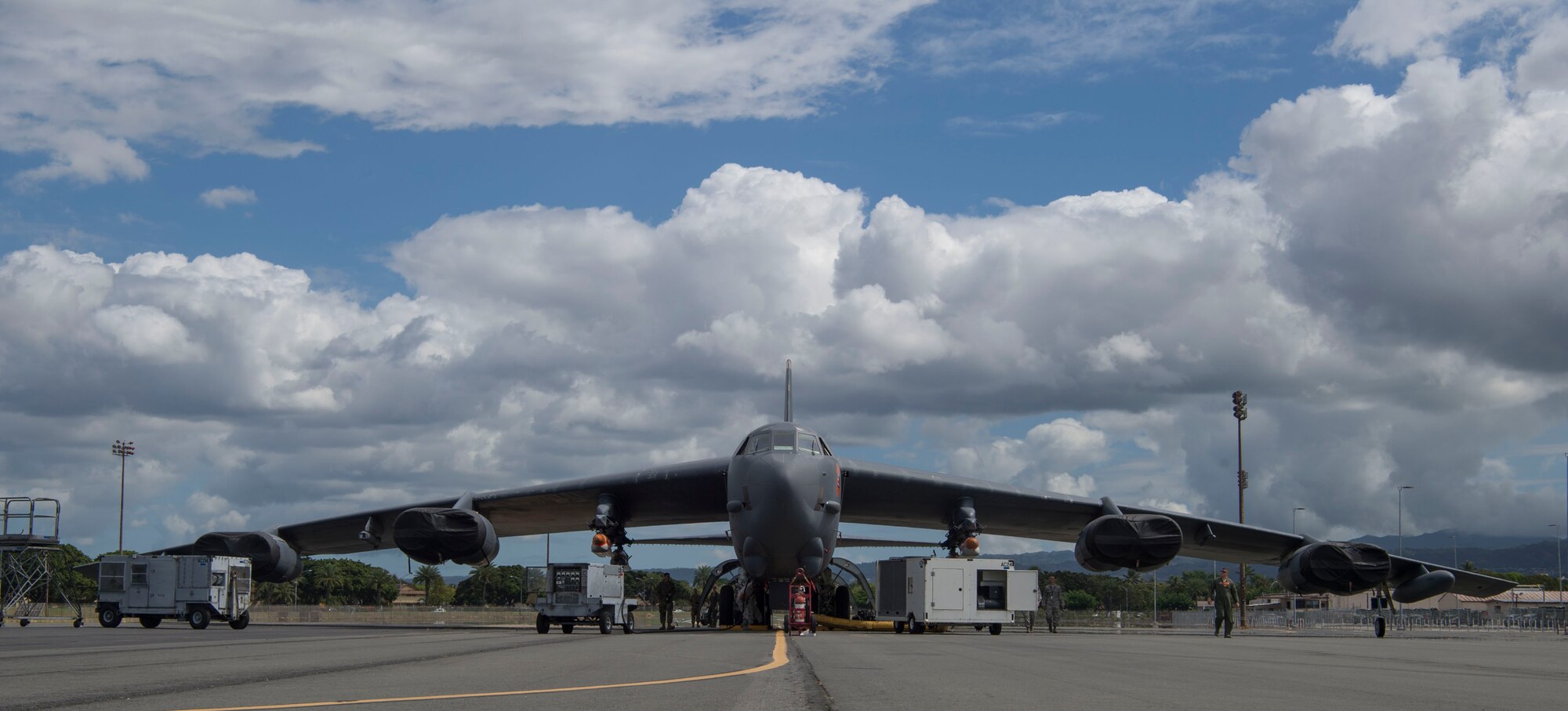 A B-52 Stratofortress, assigned to the 49th Test and Evaluation Squadron from Barksdale Air Force Base, La., prepares for an operational demonstration of the Quickstrike-ER (QS-ER) Naval  mine project at the Pacific Missile Range Facility at Joint Base Pearl Harbor-Hickam, Hawaii, May 28, 219.  The QS-ER project was initiated by U.S. Indo-Pacific Command as part of ongoing efforts to modernize and enhance military readiness throughout the joint forces in the Indo-Pacific region. (U.S. Air Force photo by Tech. Sgt. Heather Redman)