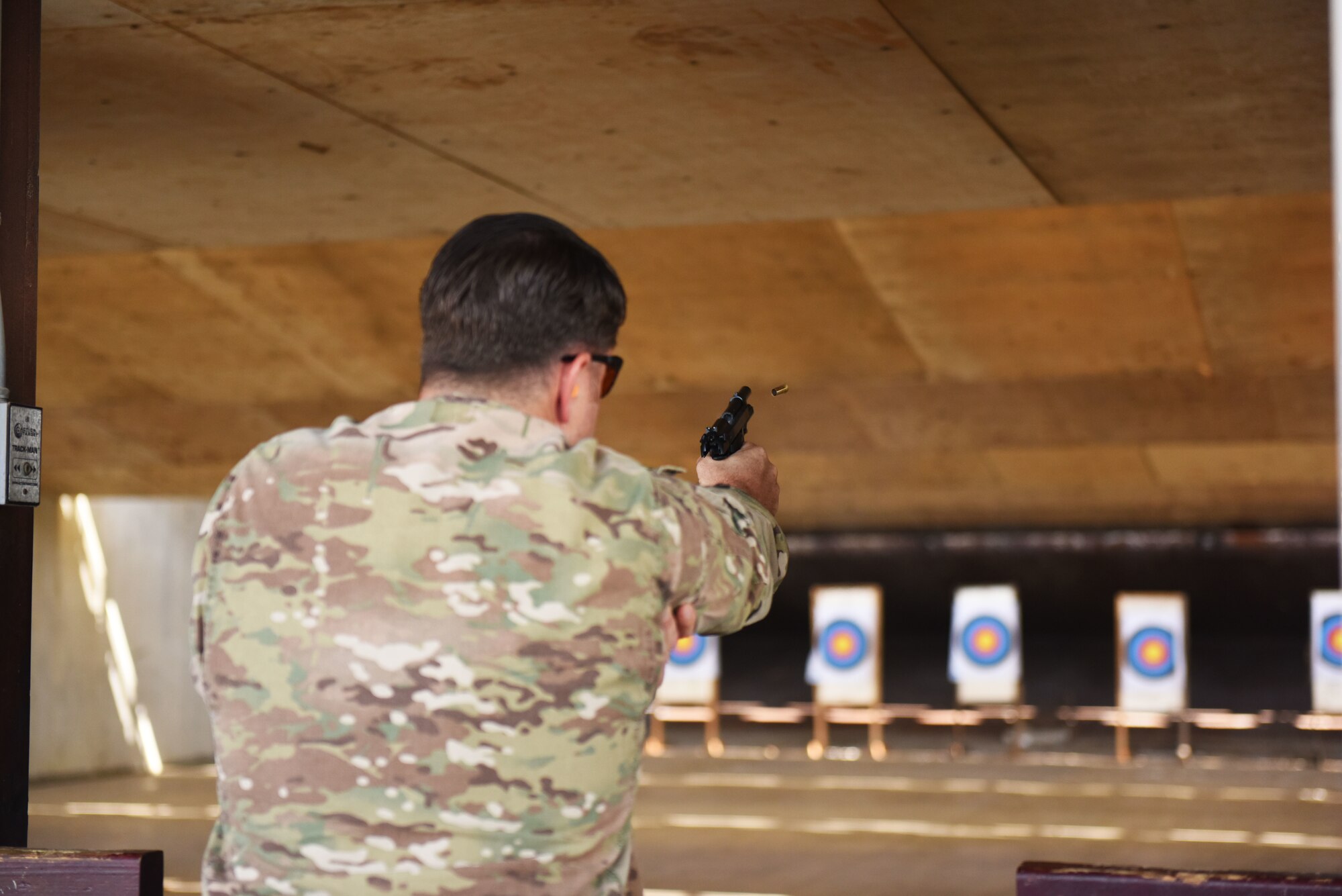 U.S. Air Force Tech. Sgt. Andrew Brown, an Excellent in Competition participant, fires at his target Oct. 28, 2019, at Incirlik Air Base, Turkey. The 39th Security Forces Squadron hosted the competition, which was open to U.S. service members across Incirlik. (U.S. Air Force photo by Staff Sgt. Joshua Magbanua)