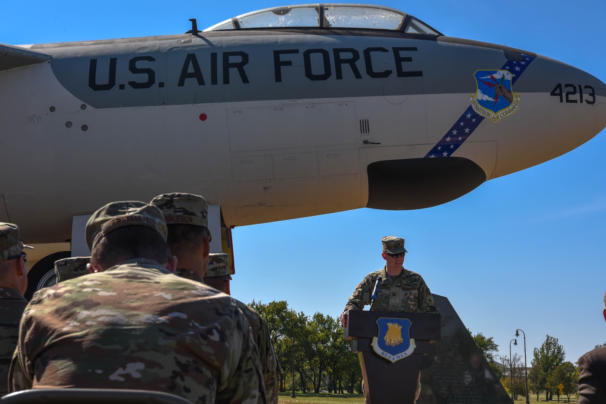 Maj. Jason Powell, 22nd Maintenance Squadron commander, speaks on the tradition of the B-47 Stratojet during the aircraft’s rededication ceremony Oct. 16, 2019, at McConnell Air Force Base, Kan. Powell led Team McConnell Airmen in repairing the B-47 static display after a severe storm damaged it in June 2018. (U.S. Air Force photo by Airman 1st Class Marc A. Garcia)