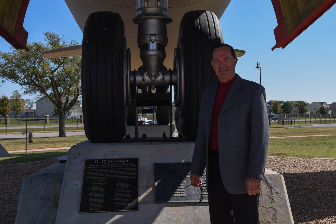 Jim Murphy, retired Boeing engineer and manager, stands next to the B-47 Stratojet static display preceding the rededication ceremony Oct. 16, 2019, at McConnell Air Force Base, Kan. Murphy was the engineer adviser that helped Team McConnell in identifying the specifications of the wing repair on the B-47. (U.S. Air Force photo by Airman 1st Class Marc A. Garcia)