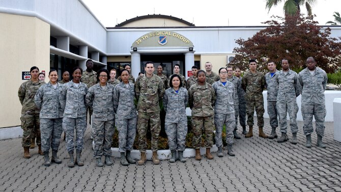 Members of the 39th Medical Support Squadron pose for a photo, Nov. 1, 2019, at Incirlik Air Base, Turkey. The squadron is made up of health service management, biomedical equipment, medial material functions, and other functions that provide support for patient care. (U.S. Air Force photo by Staff Sgt. Trevor Rhynes)