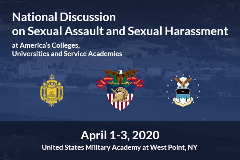 A graphic showing the words National Discussion on Sexual Assault and Sexual Harassment and the dates April 1-3, 2020.