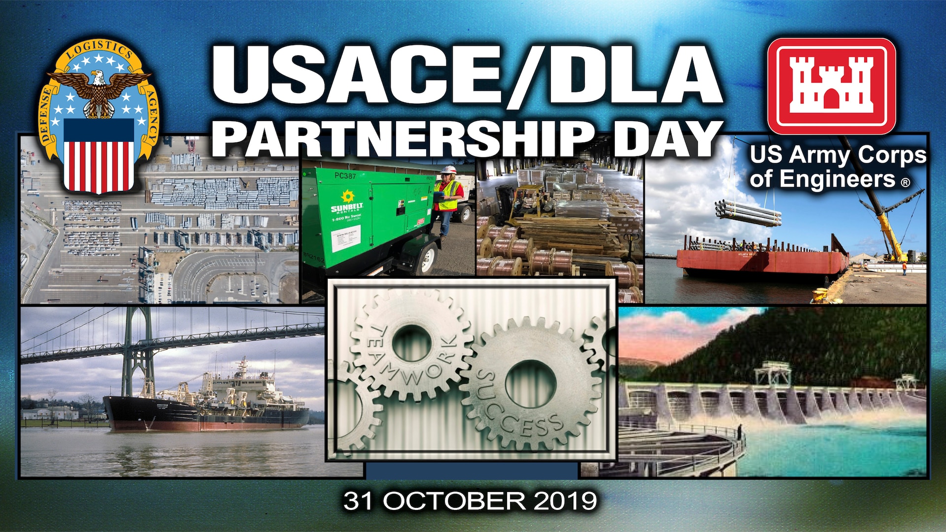 Graphic with photos of various projects USACE supports with DLA's help.