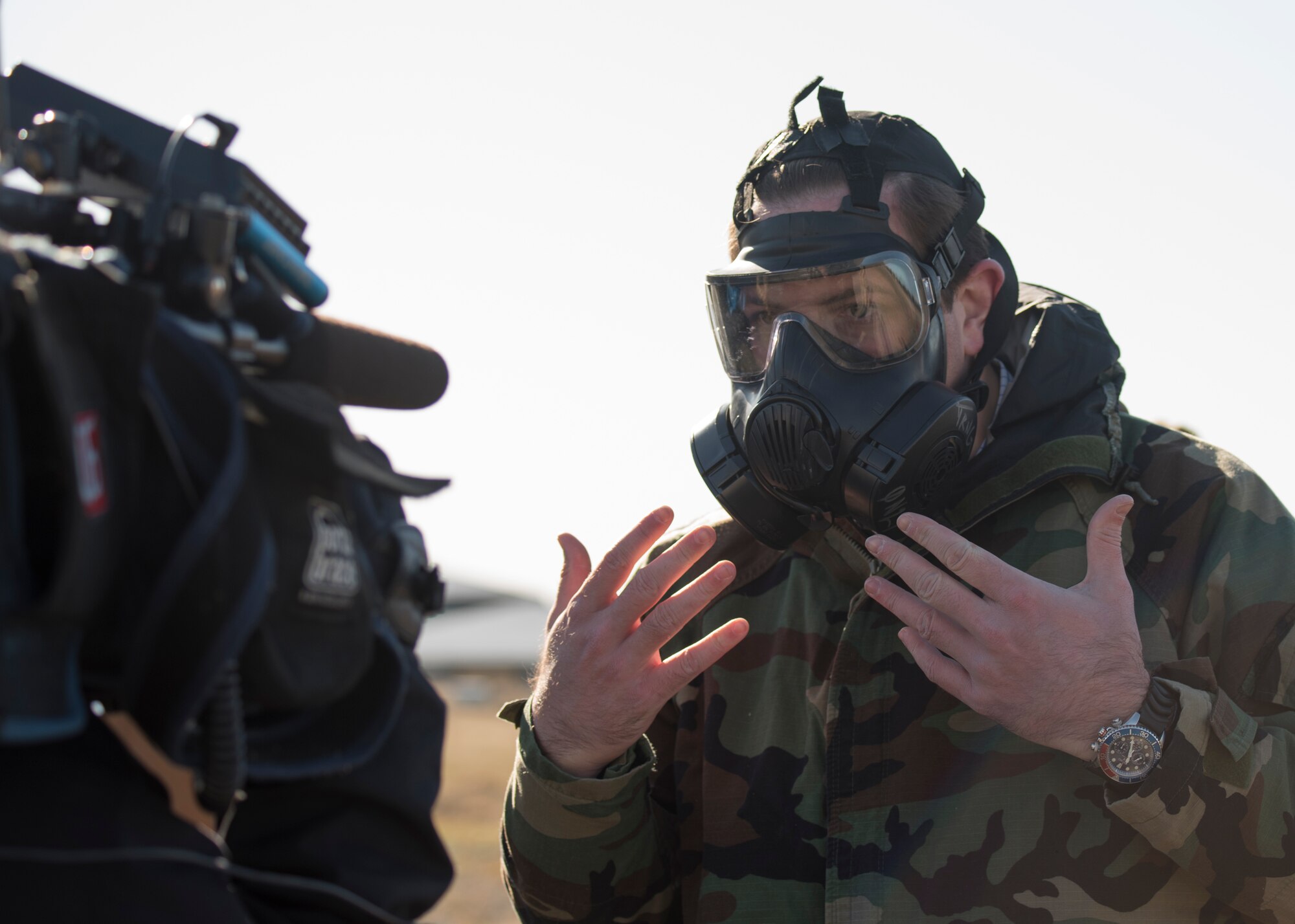 Peter Maxwell, KHQ reporter, experiences what it’s like to work in chemical protective gear during a Year of the Defender media day event at Fairchild Air Force Base, Washington, Oct. 29, 2019. Chemical, biological radiological and nuclear (CBRN) gear is a vital to protect Airmen in dangerous environments, but presents a challenge to work in, so CBRN training is a vital component in keeping U.S. forces able to operate in any situation. (U.S. Air Force photo by Senior Airman Ryan Lackey)