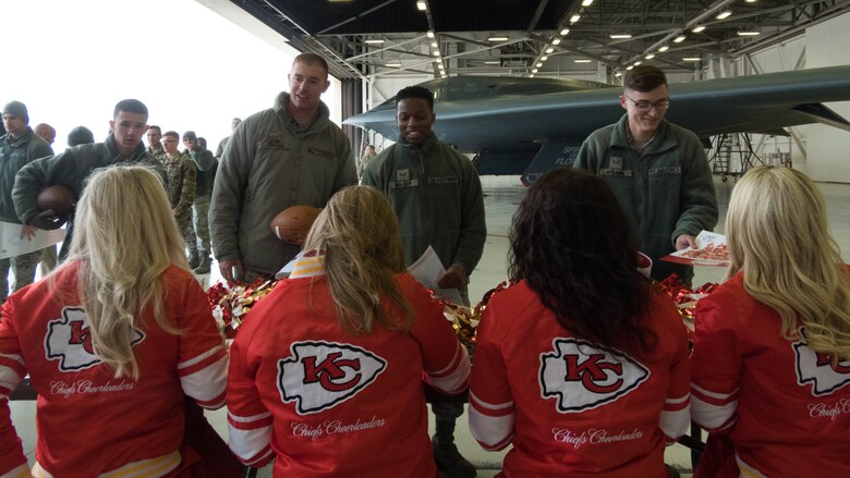 National Football League’s Kansas City Chiefs cheerleaders take time to meet with fans and sign autographs following a B-2 Spirit tour at Whiteman Air Force Base, Missouri, Oct. 29, 2019.