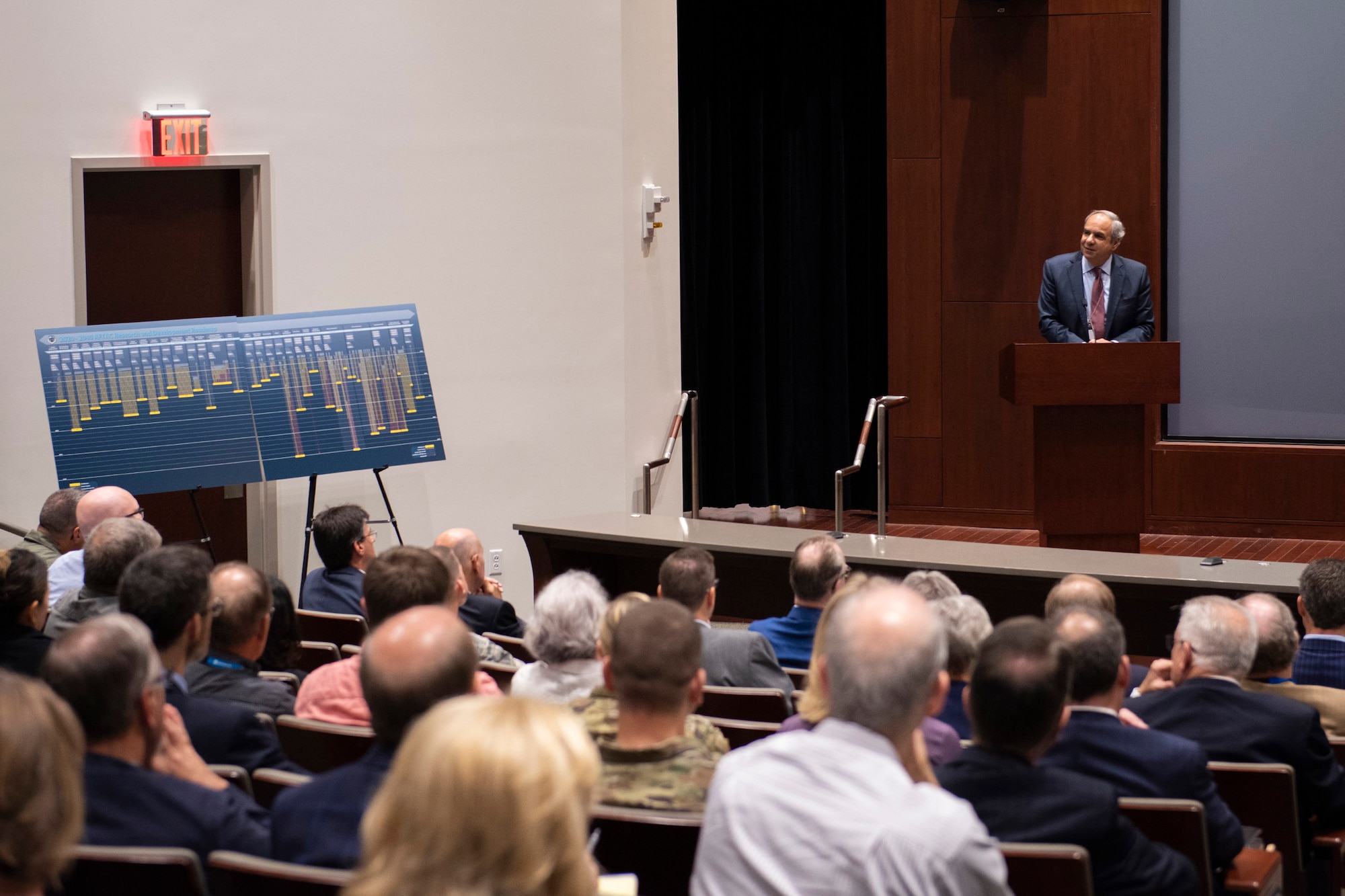 Dr. Richard J. Joseph, Air Force Chief Scientist, delivers his keynote address to attendees of the 2019 Research and Development Roadmap Forum hosted by the Air Force Technical Applications Center, Patrick AFB, Fla., Oct. 22.  Joseph touted AFTAC's importance to R&D during his remarks: “This center is a shining example of what science and technology means for the Air Force.” (U.S. Air Force photo by Matthew S. Jurgens)