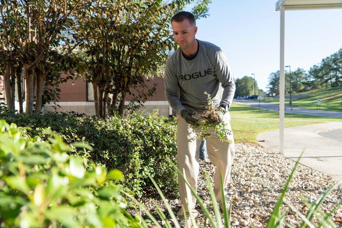 A soldier in civilian clothes holds plant trimmings while standing in a landscaped area outside a building.
