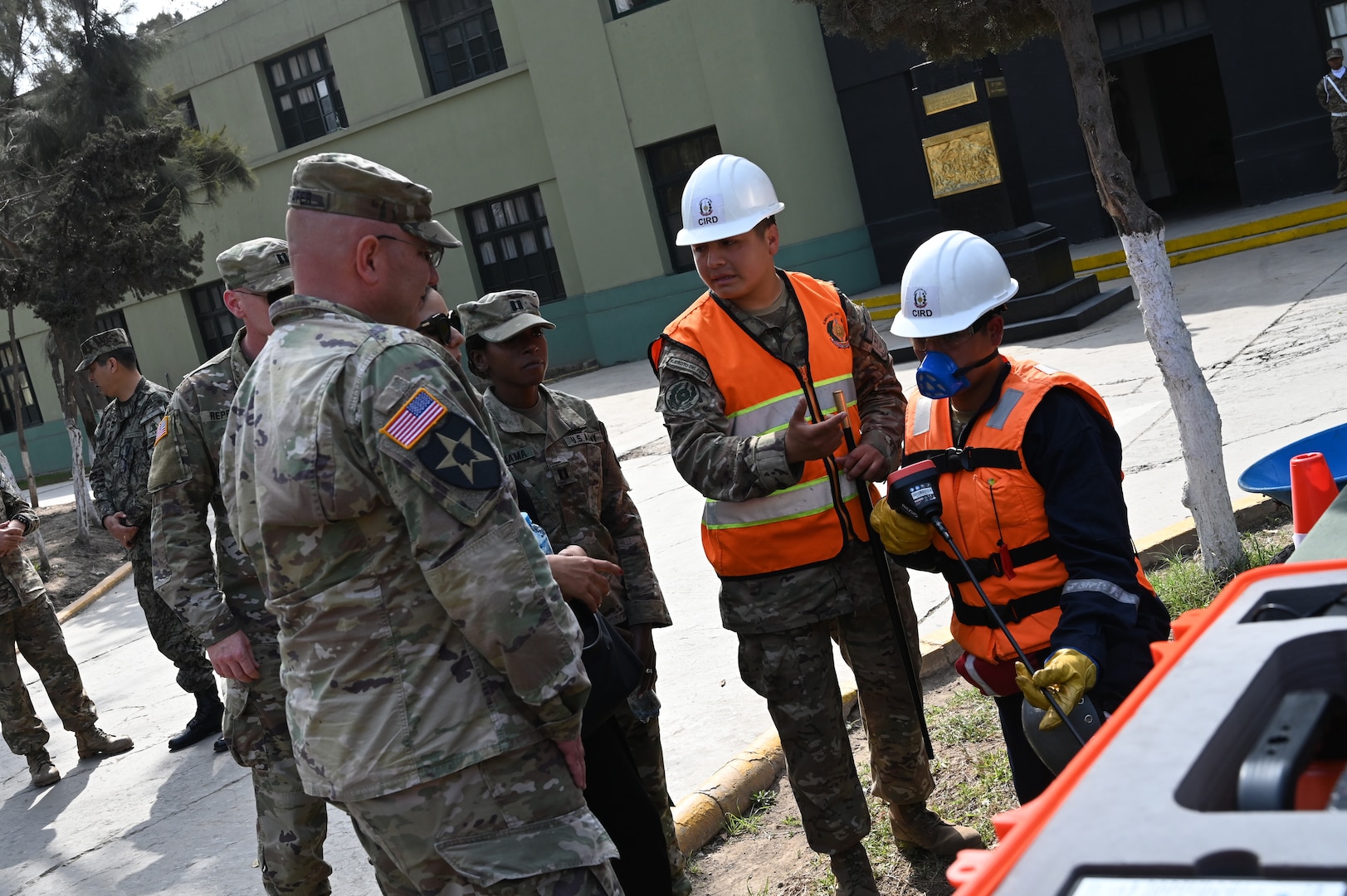 West Virginia National Guard and Peruvian Army experts discuss logistics and natural disaster planning and response in Lima, Peru, Oct. 15-17, 2019. Col. Davis Shafer and Capt. Caroline Muriama, WVNG, learn about search and rescue tools at the multipurpose brigade in Lima.