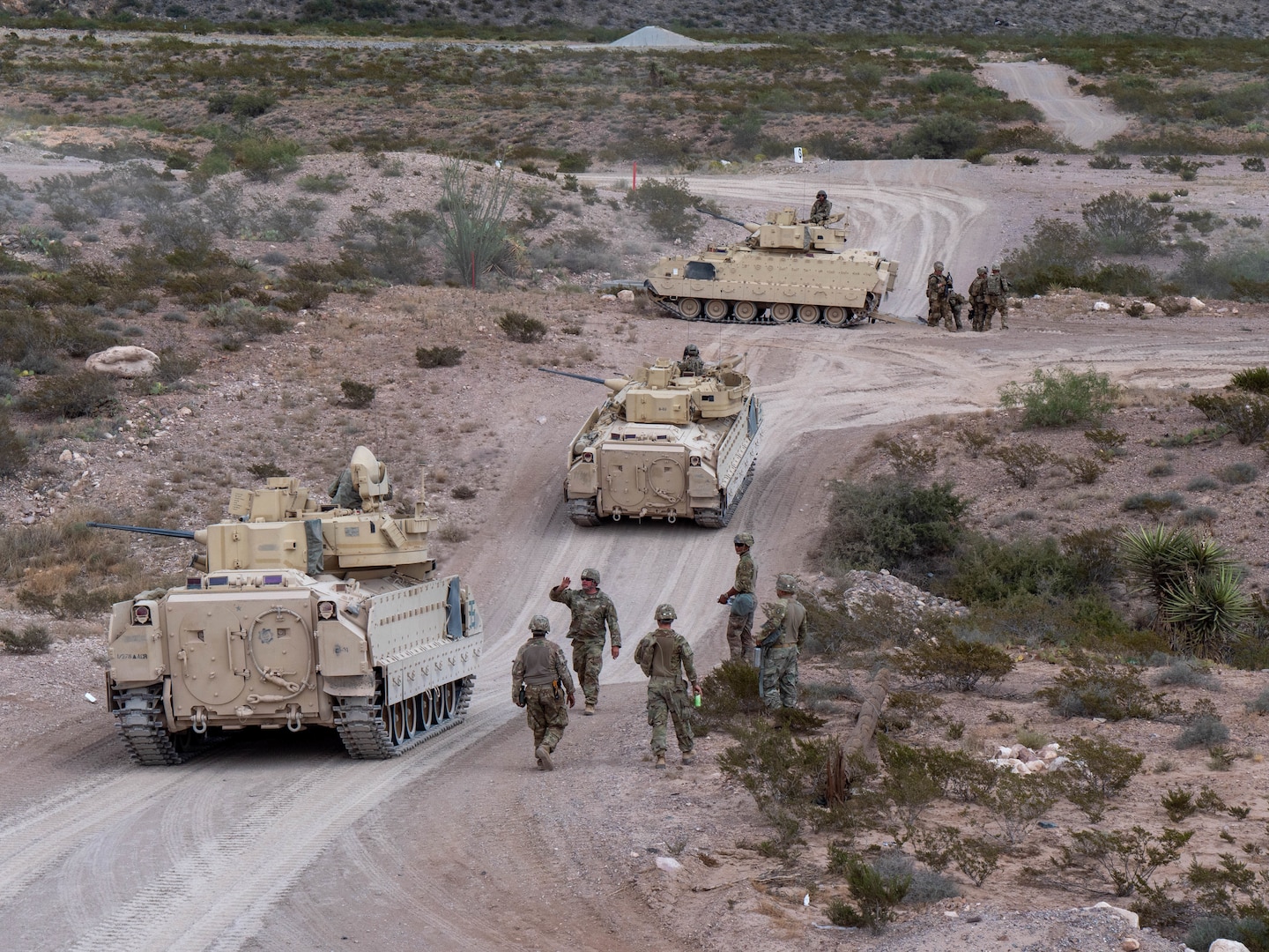 U.S. Soldiers with the 4-118th Infantry Regiment, 30th Armored Brigade Combat Team, North Carolina Army National Guard (attached to the 218th Maneuver Enhancement Brigade, South Carolina Army National Guard) conduct gunnery training with the M2A2 Bradley Fighting Vehicle at Fort Bliss, Texas, in September 2019. The 30th Armored Brigade Combat Team is mobilized for Operation Spartan Shield in the Middle East and includes units from the North Carolina, South Carolina, Ohio and West Virginia Army National Guard.