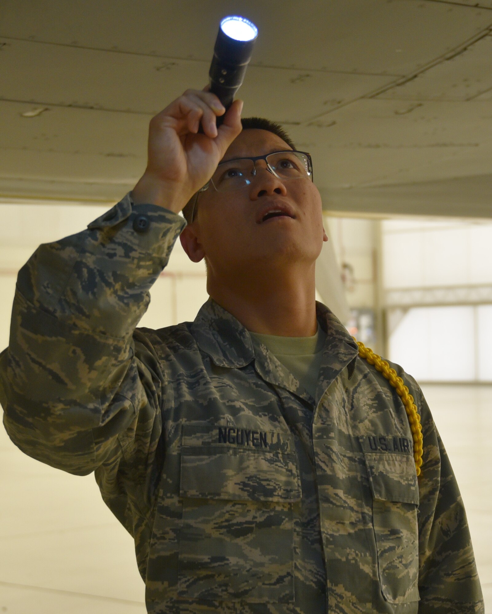 Airman 1st Class Cuong Nguyen, 373rd Training Squadron Detachment 8 Mission Ready Airmen student, practices a pre-flight inspection on the interior of a KC-46A Pegasus Oct. 29, 2019, at McConnell Air Force Base, Kan.