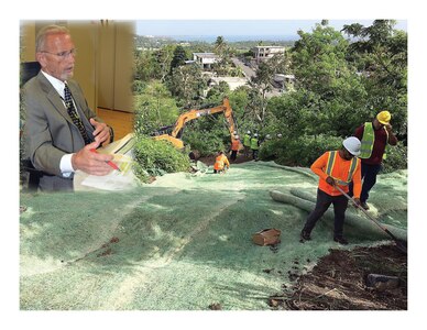 Photo of Garry Carter in interview and people laying grass.