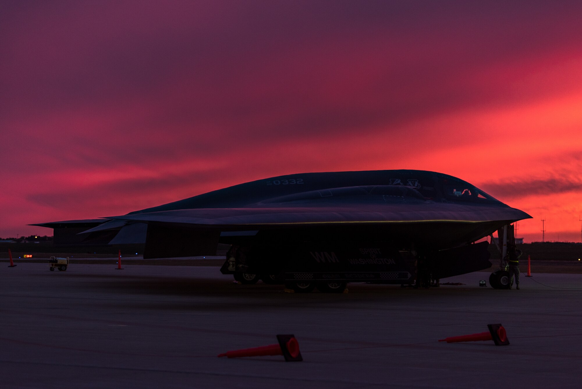 A B-2 Spirit sits on the flight line