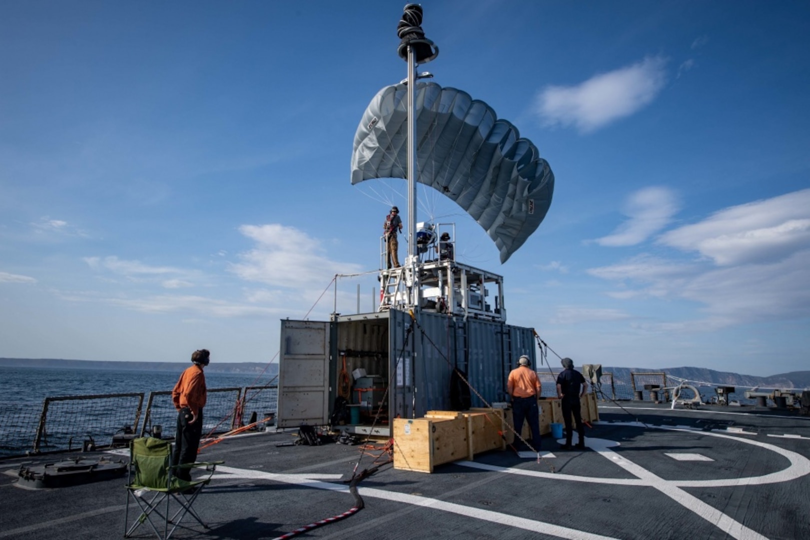 The Arleigh Burke-class guided-missile destroyer USS Porter (DDG 78) launches Towed Airborne Lift of Naval Systems (TALONS) during Exercise Recognised Environmental Picture by Maritime Unmanned Systems REP (MUS) 2019 in the Atlantic Ocean Sept. 13, 2019. REP (MUS) 2019 is a multinational unmanned underwater vehicle exercise hosted by the Portuguese Navy and is aimed at enhancing working relationships with NATO and participating international partners. This is the U.S.'s first participation in the REP (MUS) exercise series. (U.S. Navy photo by Mass Communication Specialist 3rd Class T. Logan Keown/Released)