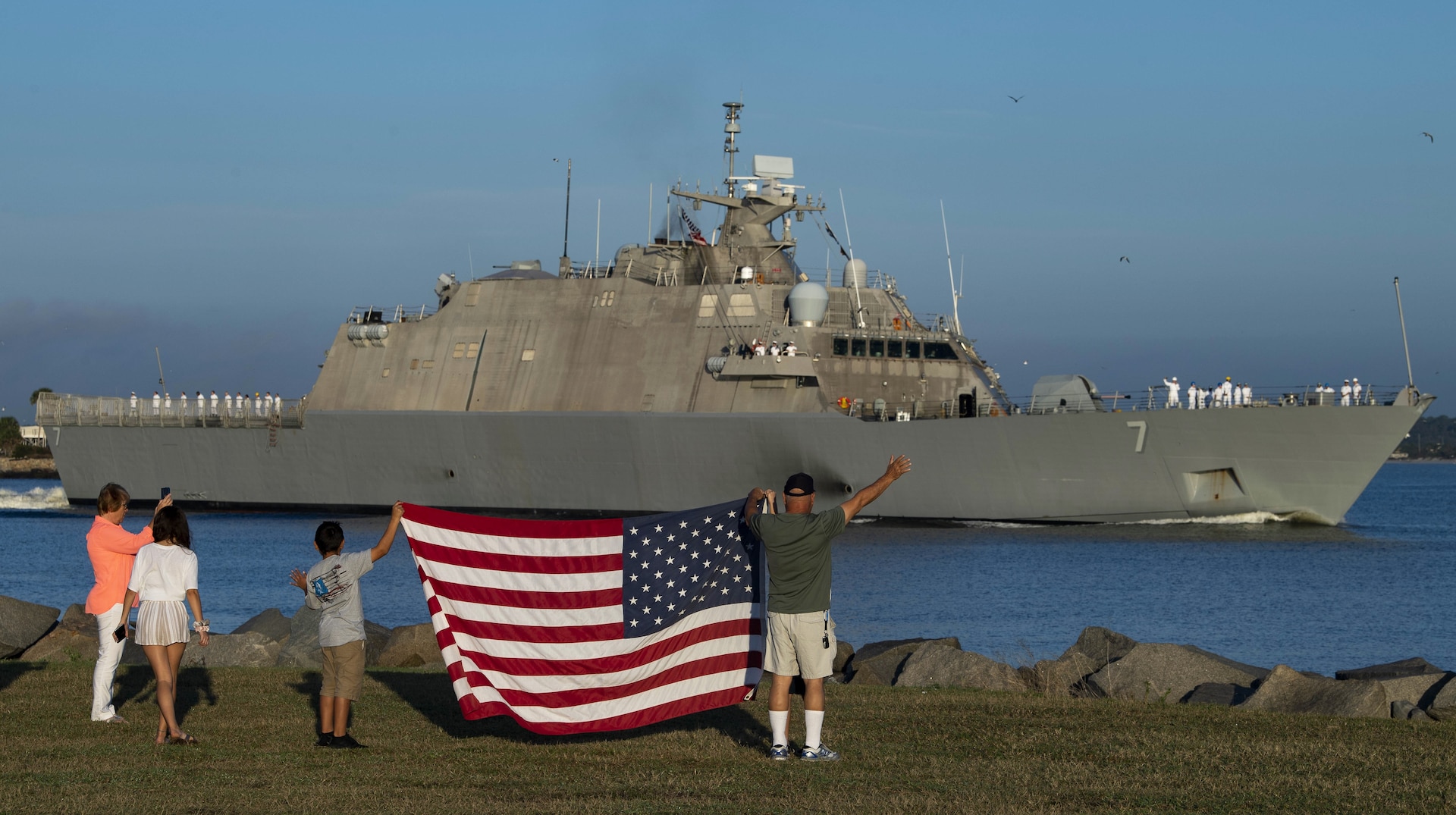 he Freedom-variant littoral combat ship USS Detroit departs Naval Station Mayport for a scheduled deployment.
