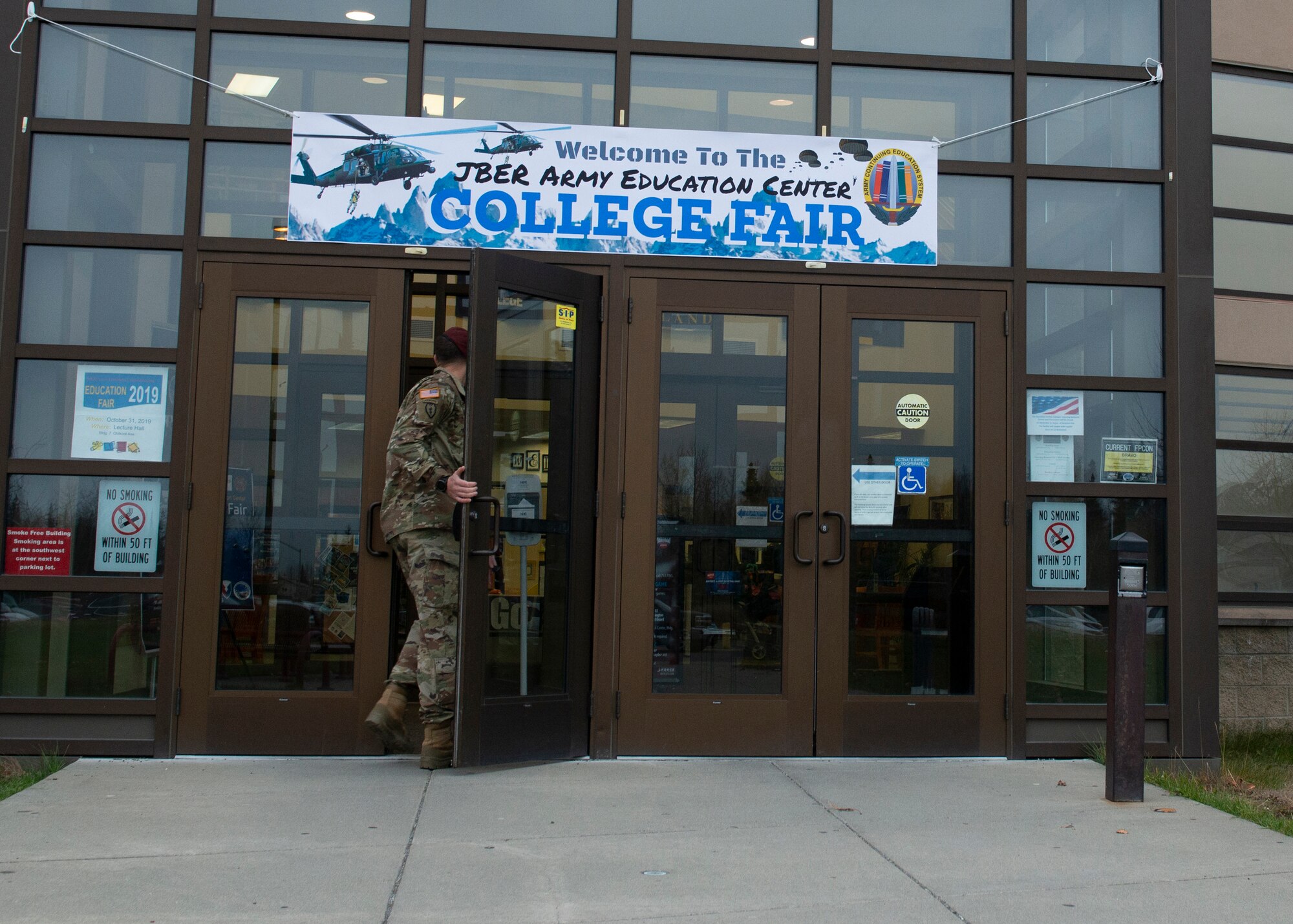 A U.S. Soldier assigned to U.S. Army Alaska attends the Fall Education Fair at Joint Base Elmendorf-Richardson, Alaska, Oct. 31, 2019. The JBER Army Education Center hosted the event, which allowed more than 20 vendors to showcase a variety of educational opportunities.