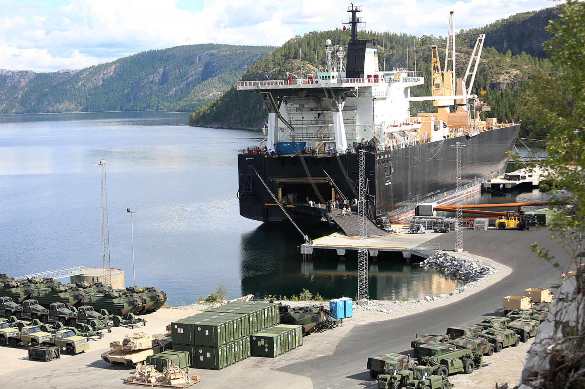 The 426th Air Base Squadron Logistics Flight supports the arrival of new equipment for the Marine Corps Prepositioning Program-Norway in Trøndelag. (U.S. Air Force Courtesy Photo)