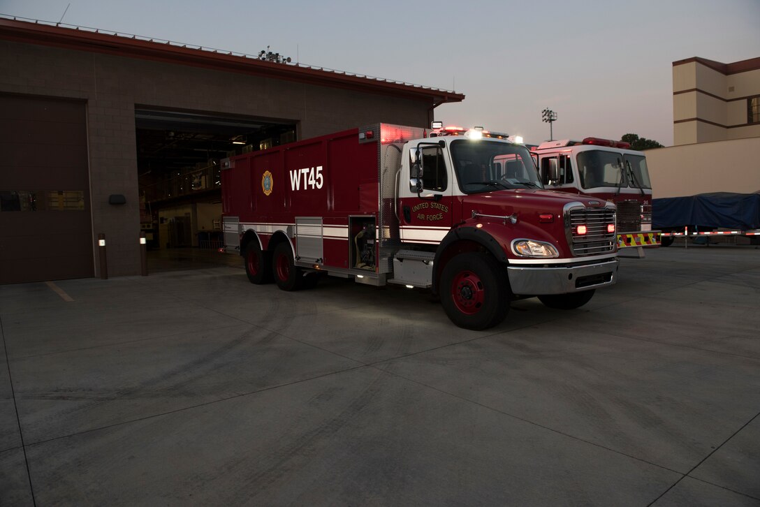 A 4,000 gallon water tender assigned to the 60th Civil Engineer Squadron Fire and Emergency Services flight undergoes an inspection Oct. 29, 2019, at Travis Air Force Base, California. The FES team provides emergency response support at Travis AFB and across Solano County. (U.S. Air Force photo by Tech. Sgt. James Hodgman)