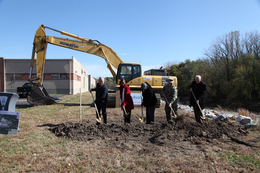 The speakers at the ceremony November 1, 2019, broke the ground at Swope Park Industrial Area. From left to right: Charlie Livers, president of Livers Bronze and representing member of the Swope Park Industrial Business Association; Councilwoman Ryana Parks-Shaw, 5th Council District; Councilman Lee Barnes, 5th Council District; Col. Bill Hannan, commander of the Kansas City District, U.S. Army Corps of Engineers and Ed Beecher, project manager for Medvolt Construction Services.