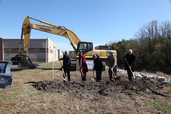 The speakers at the ceremony November 1, 2019, broke the ground at Swope Park Industrial Area. From left to right: Charlie Livers, president of Livers Bronze and representing member of the Swope Park Industrial Business Association; Councilwoman Ryana Parks-Shaw, 5th Council District; Councilman Lee Barnes, 5th Council District; Col. Bill Hannan, commander of the Kansas City District, U.S. Army Corps of Engineers and Ed Beecher, project manager for Medvolt Construction Services.