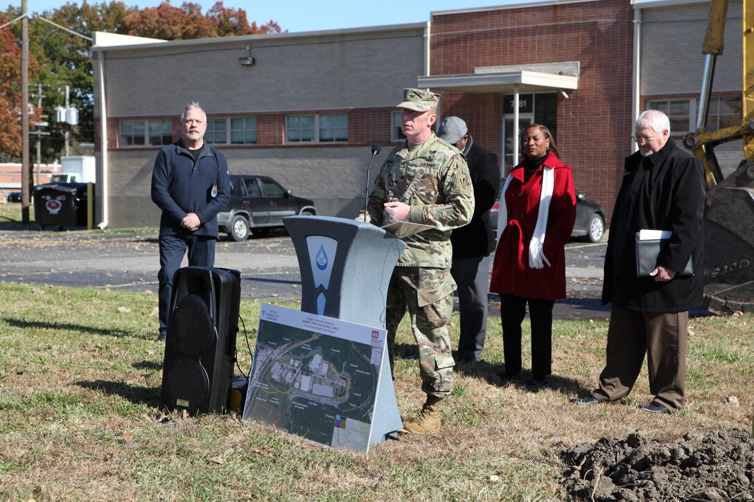 The speakers at the ceremony November 1, 2019, broke the ground at Swope Park Industrial Area. At the podium, Col. Bill Hannan, commander of the Kansas City District, U.S. Army Corps of Engineers.