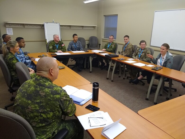 Pacific Air Forces Airmen participate in a group activity during the Junior Enlisted Leadership Forum at the 17 Wing, Winnipeg, Canada, Oct. 21 - 25, 2019. Discussion topics included resiliency, culture, ethics, and the complexity of the geopolitical environment. (Courtesy photo)