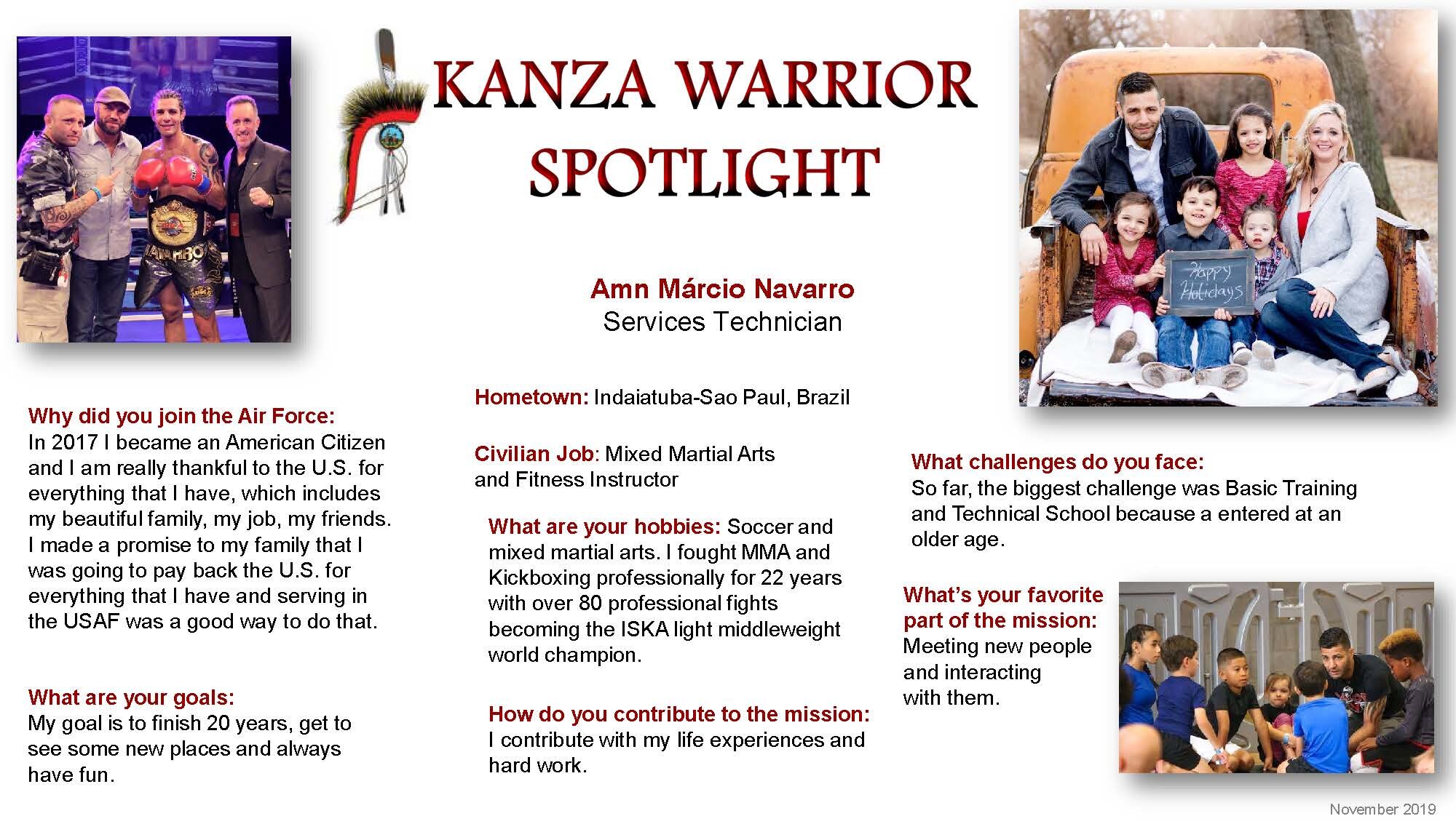 Airman B Márcio Navarro, 931st Force Support Squadron Services technician, is this month's KANZA Warrior Spotlight.