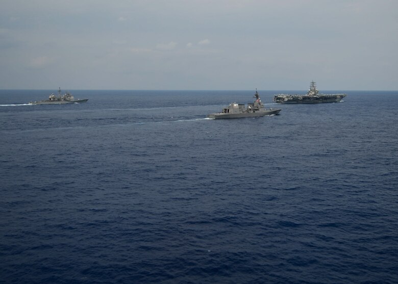 191025-N-DL524-2026 PHILIPPINE SEA (Oct. 25, 2019) Sailors from the Japan
Maritime Self Defense Force observe flight operations while embarked aboard
the aircraft carrier USS Ronald Reagan (CVN 76) during a bilateral exercise.
Ronald Reagan is forward-deployed to the U.S. 7th Fleet area of operations
in support of security and stability in the Indo-Pacific region. (U.S. Navy
photo by Mass Communication Specialist 3rd Class Erica Bechard)